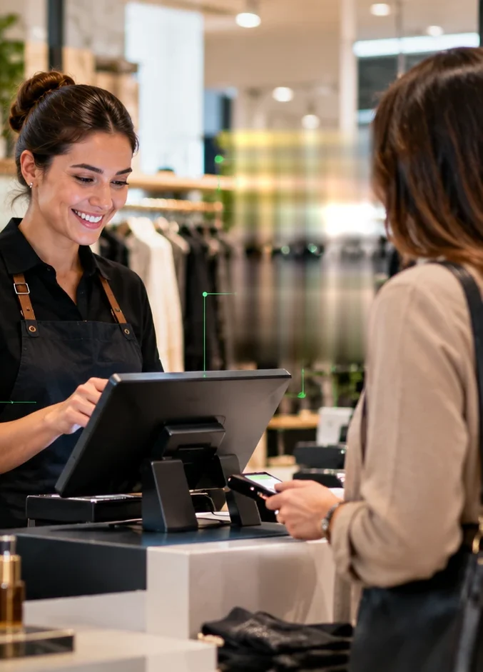 Smiling retail assistant serving a customer at a modern point-of-sale checkout